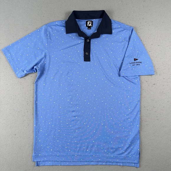 Footjoy Polo Shirt Men's Medium Blue Polka Dot Splatter Golf AOP Lakeshore CC - Picture 1 of 16